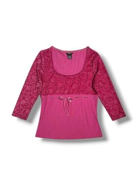 Guess 2000s Magenta Pink Empire Waist Milkmaid Top Lg 3/4 Sleeve Ribbon Ruffles